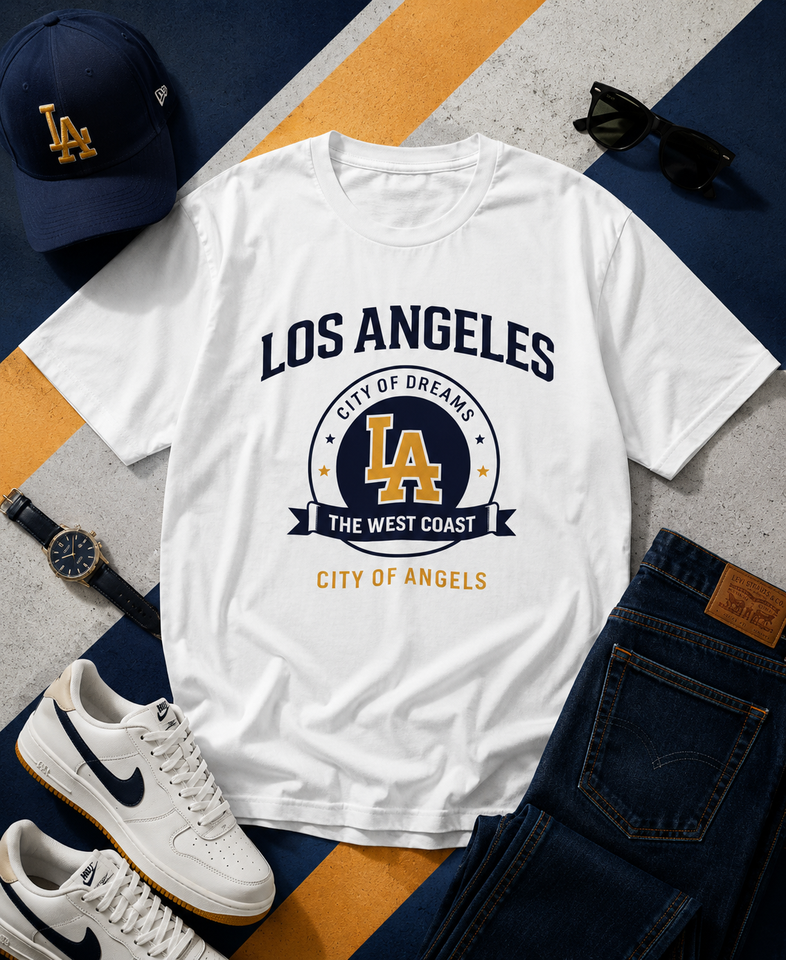 White t-shirt with 'Los Angeles' text and graphics, surrounded by a cap, sneakers, sunglasses, and jeans on a patterned surface.
