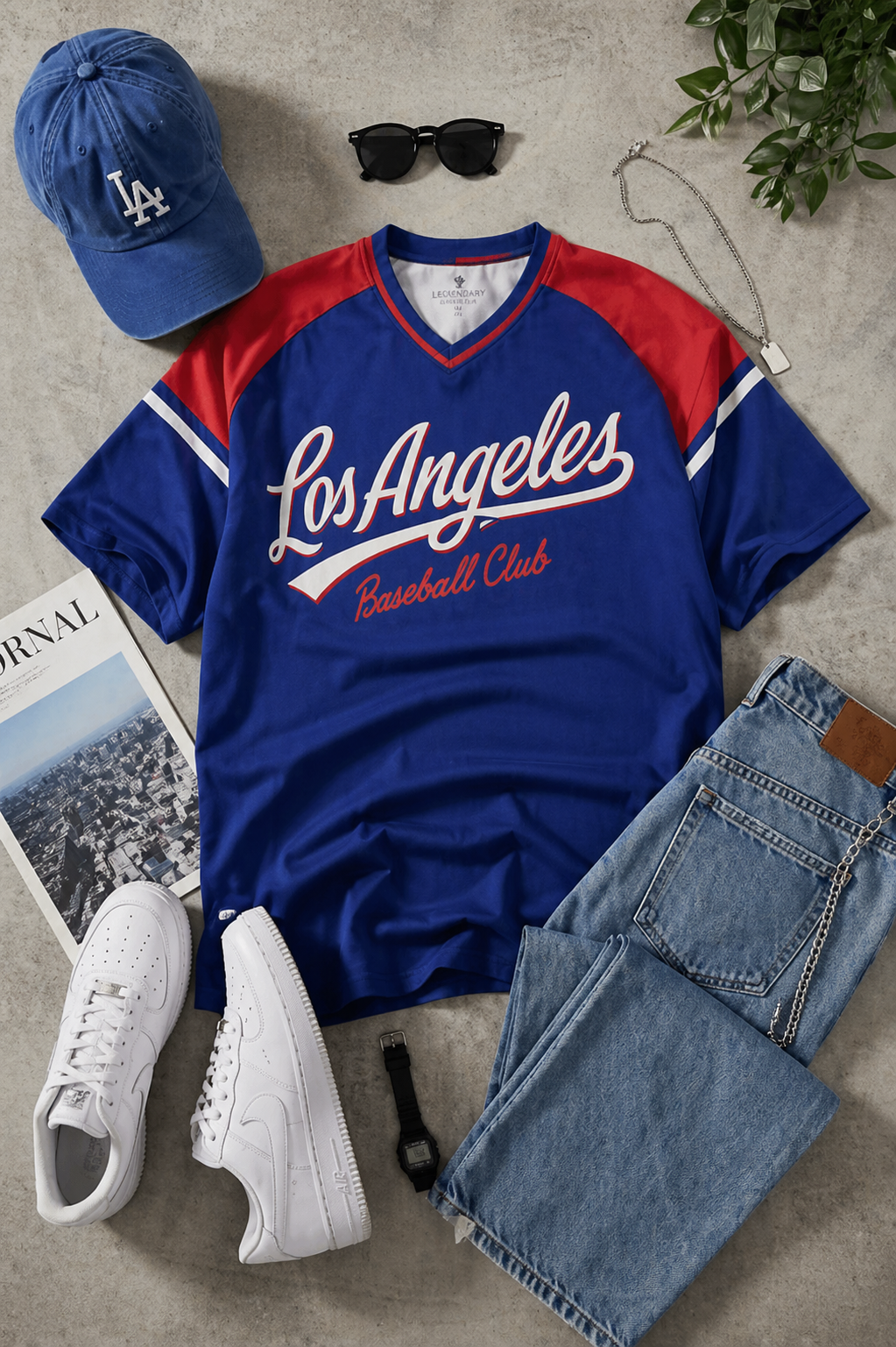 Los Angeles baseball club jersey with blue cap, white sneakers, jeans, and sunglasses on a concrete surface.