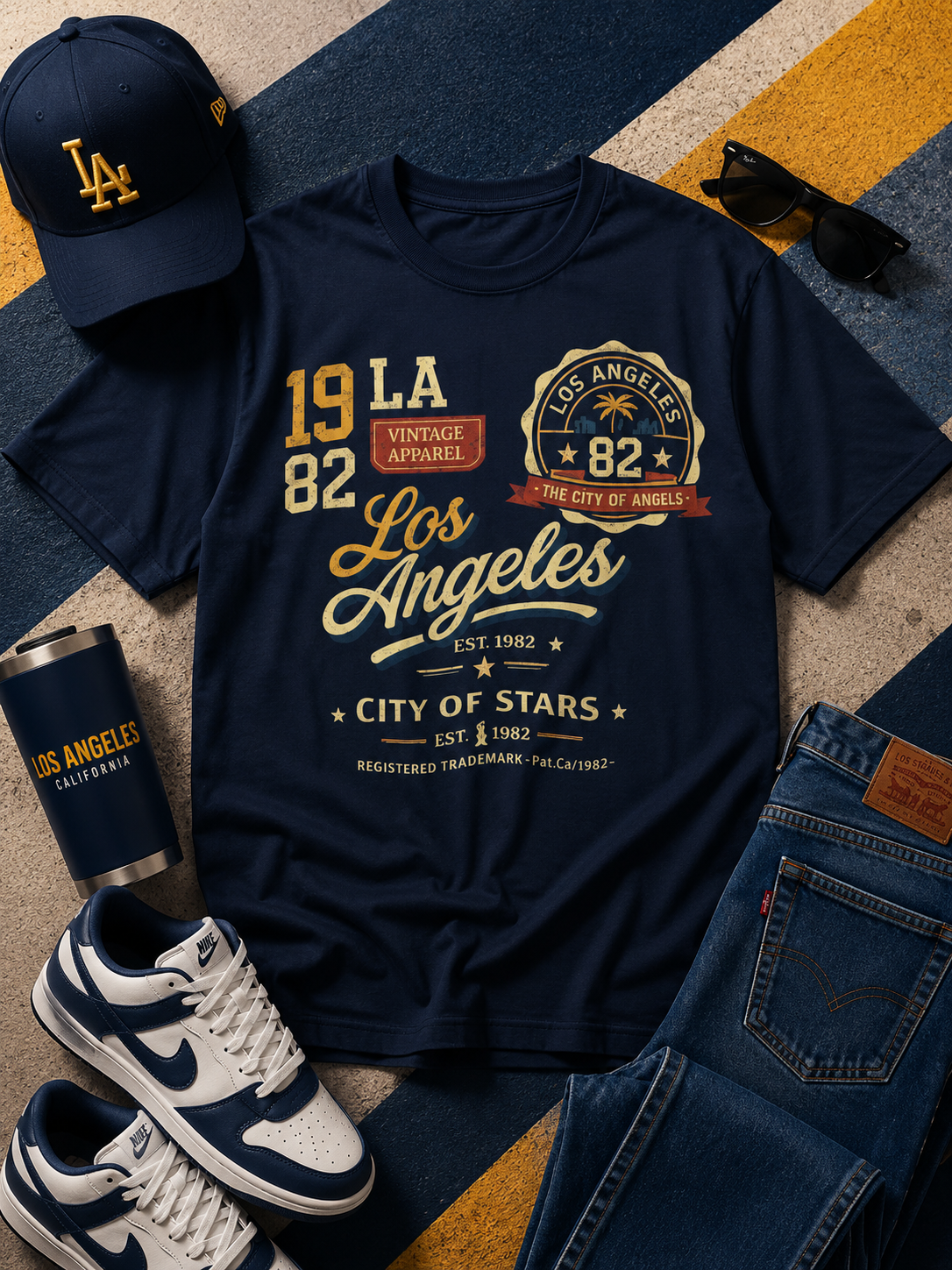 Navy t-shirt with 'Los Angeles' text, cap, sneakers, and cup on a patterned surface