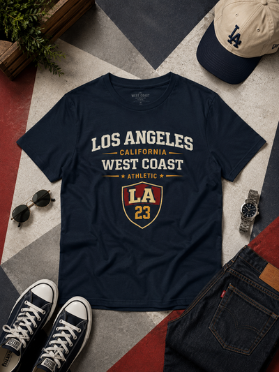 Navy blue t-shirt with 'Los Angeles California West Coast' design, surrounded by casual items on a patterned surface.