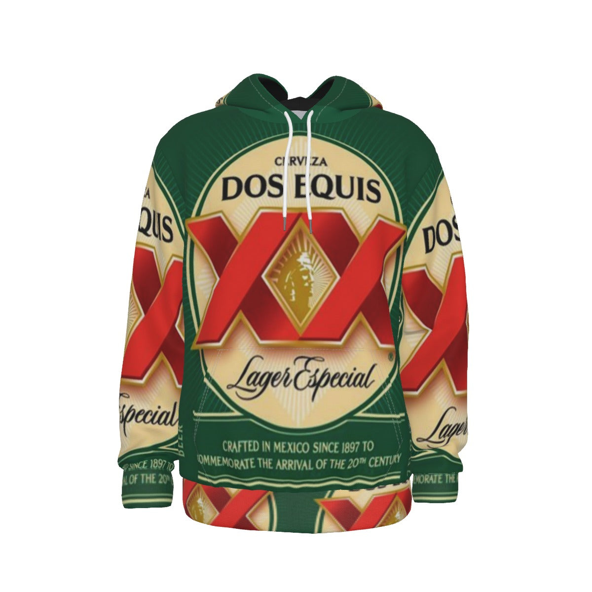 Hoodie with Dos Equis beer label design on a white background