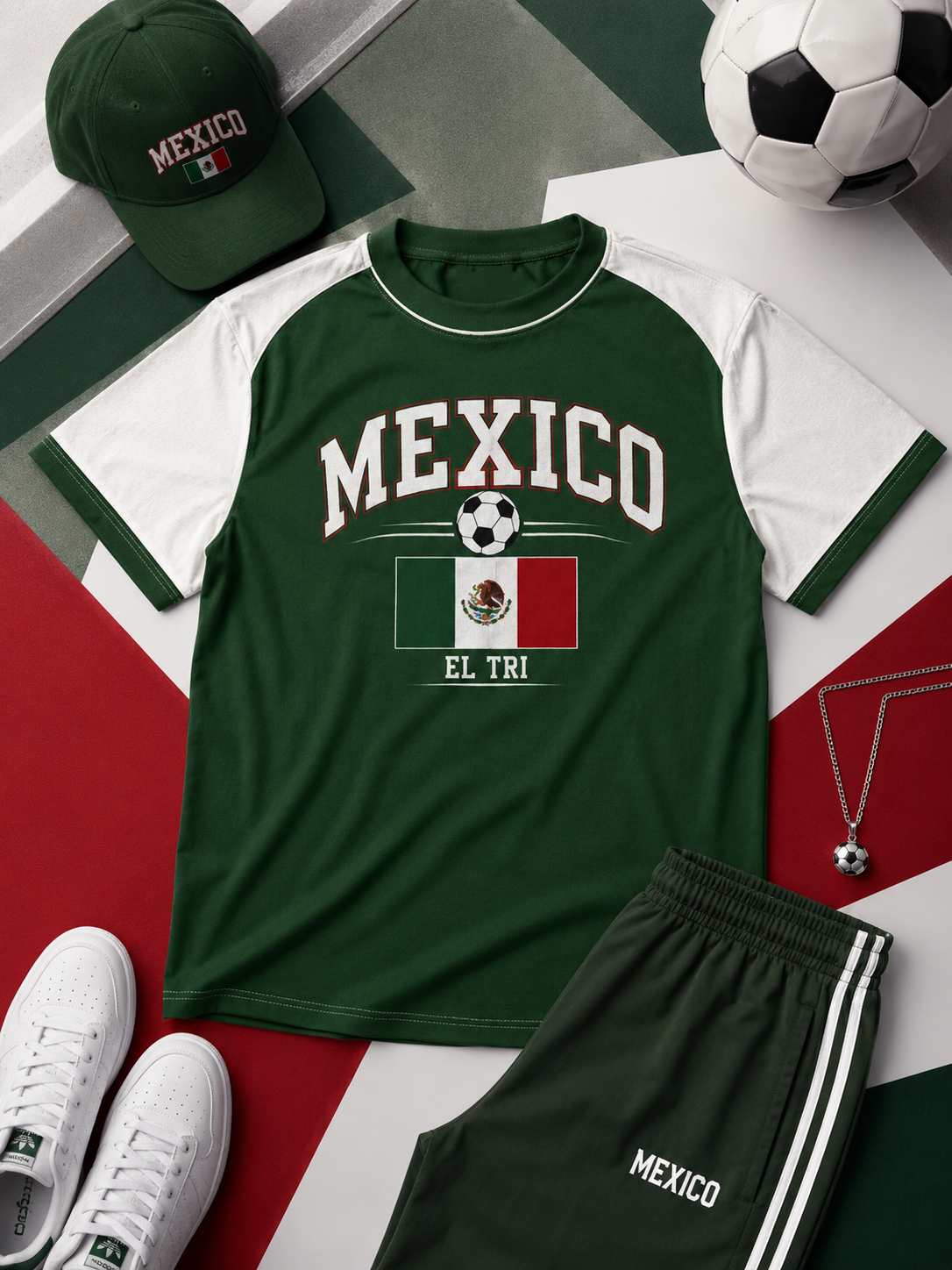 Green 'Mexico' themed shirt with soccer ball, cap, and shorts on a colorful background