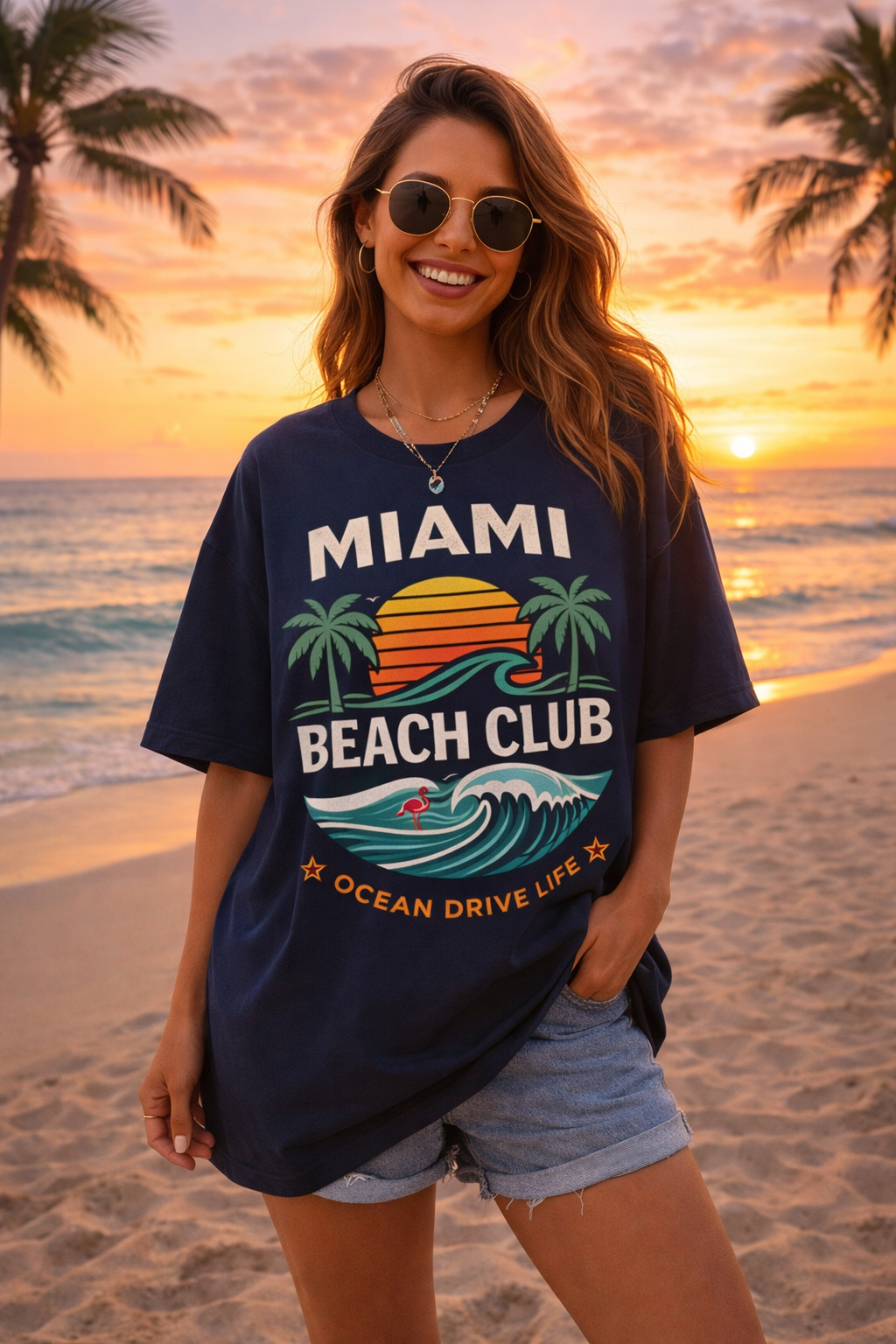 Miami Beach Club Graphic T-Shirt – Ocean Drive Life Palm Tree Sunset Tee