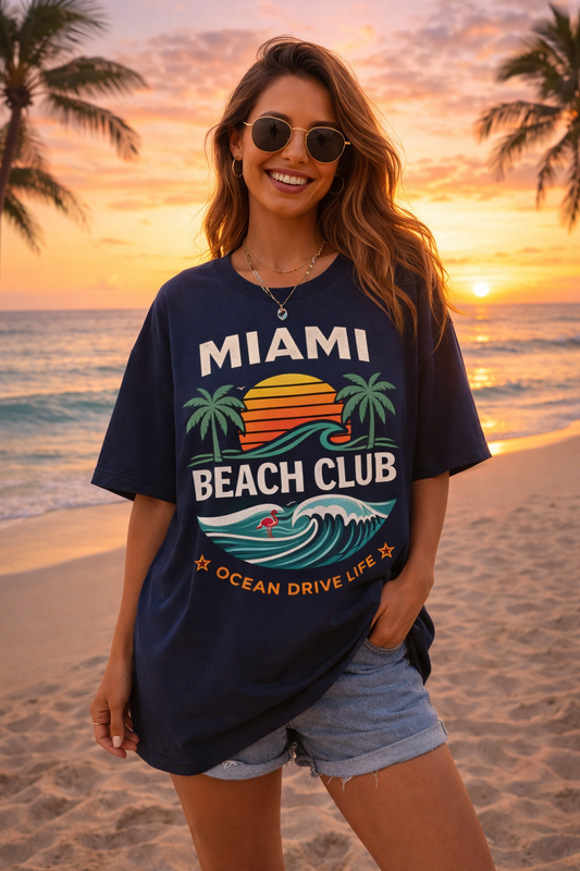 Miami Beach Club Graphic T-Shirt – Ocean Drive Life Palm Tree Sunset Tee