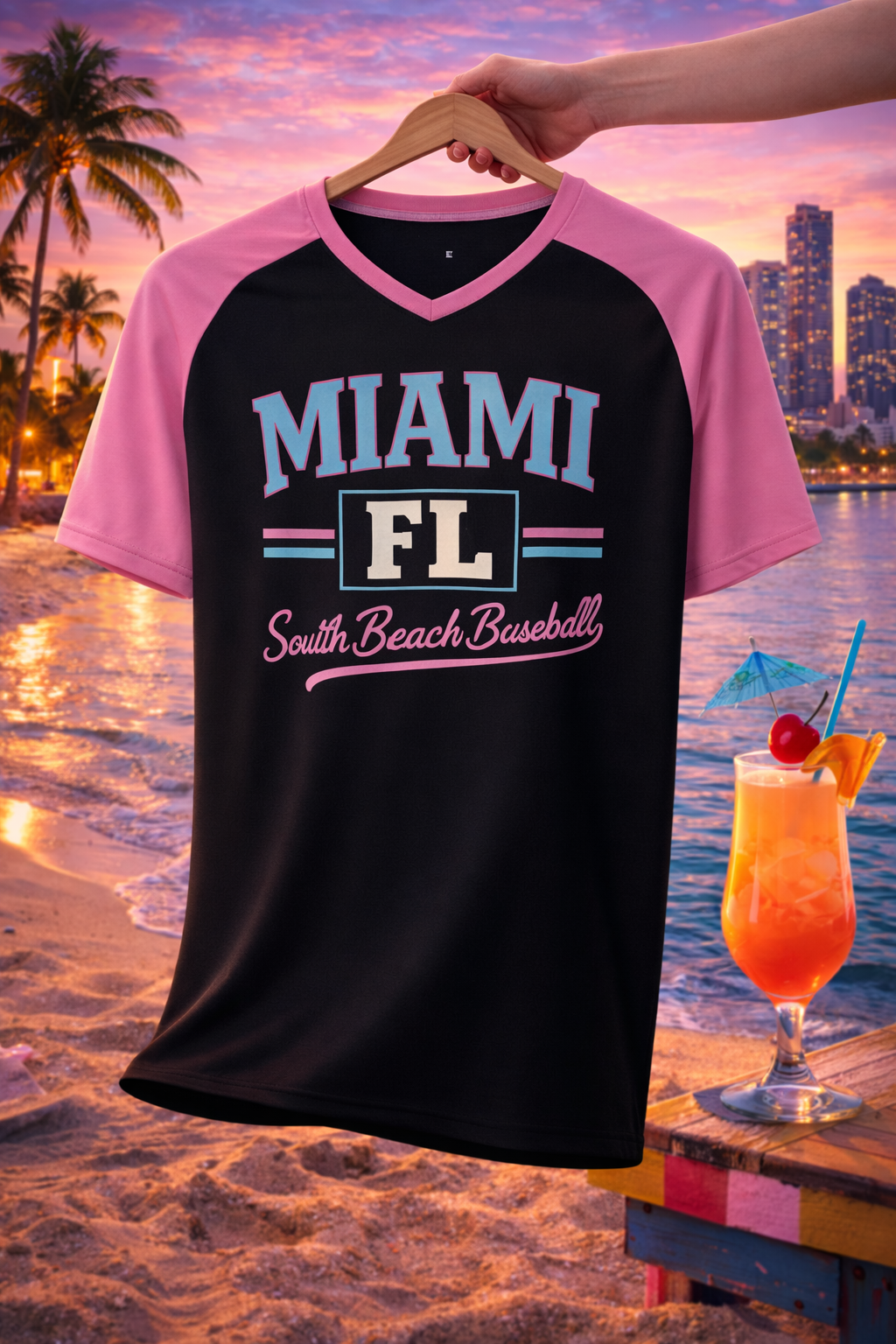 Black and pink baseball shirt with 'Miami FL South Beach Baseball' text, held on a hanger over a beach scene with a cocktail.