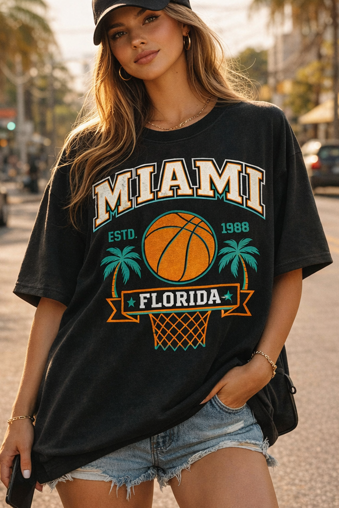 Miami Florida Basketball Tee — Retro Palm Tree Hoop Graphic T-Shirt  Florida Sports  Shirt s