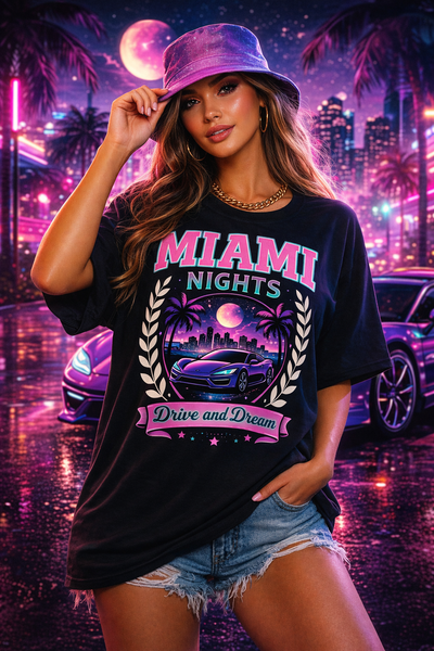 Black Neon City Miami Nights Drive and Dream Graphic T-Shirt – Oversized Streetwear Tee