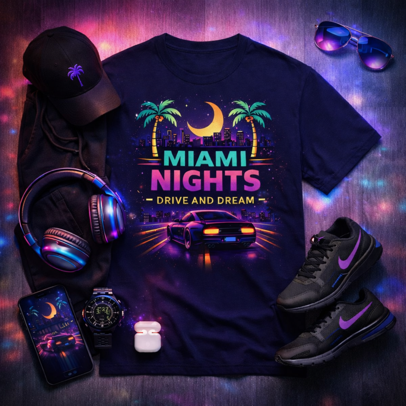 Navy blue t-shirt with 'Miami Nights' design, surrounded by accessories on a dark background