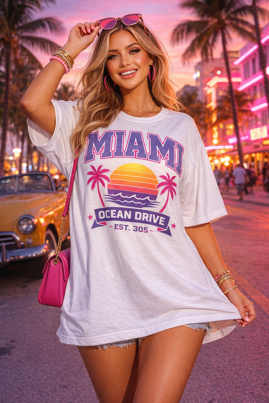 Miami Ocean Drive Est. 305 Graphic T-Shirt – Retro Sunset Beach Streetwear Tee