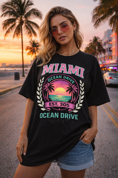Black Miami Ocean Drive Est. 305 T-Shirt – Retro Sunset Beach Streetwear Tee