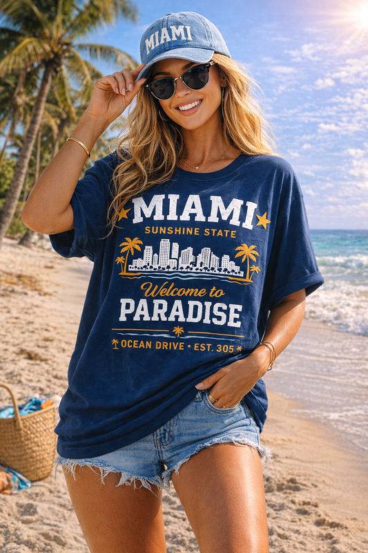 Miami Sunshine State Graphic T-Shirt – Welcome to Paradise Ocean Drive Est. 305 Tee