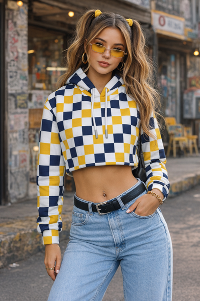 Woman wearing a checkered hoodie and jeans standing on a street.