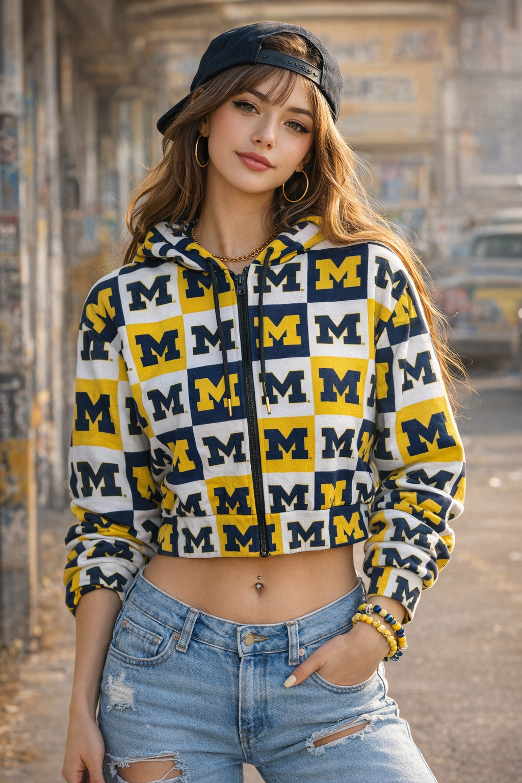 Person wearing a patterned hoodie with 'M' logo and ripped jeans outdoors.