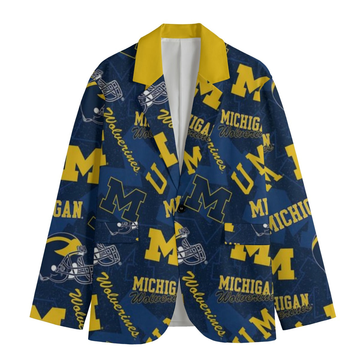 Blue jacket with yellow and white 'Michigan Wolverines' pattern on a white background