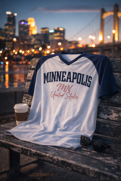 Minneapolis t-shirt on a bench with city skyline in the background