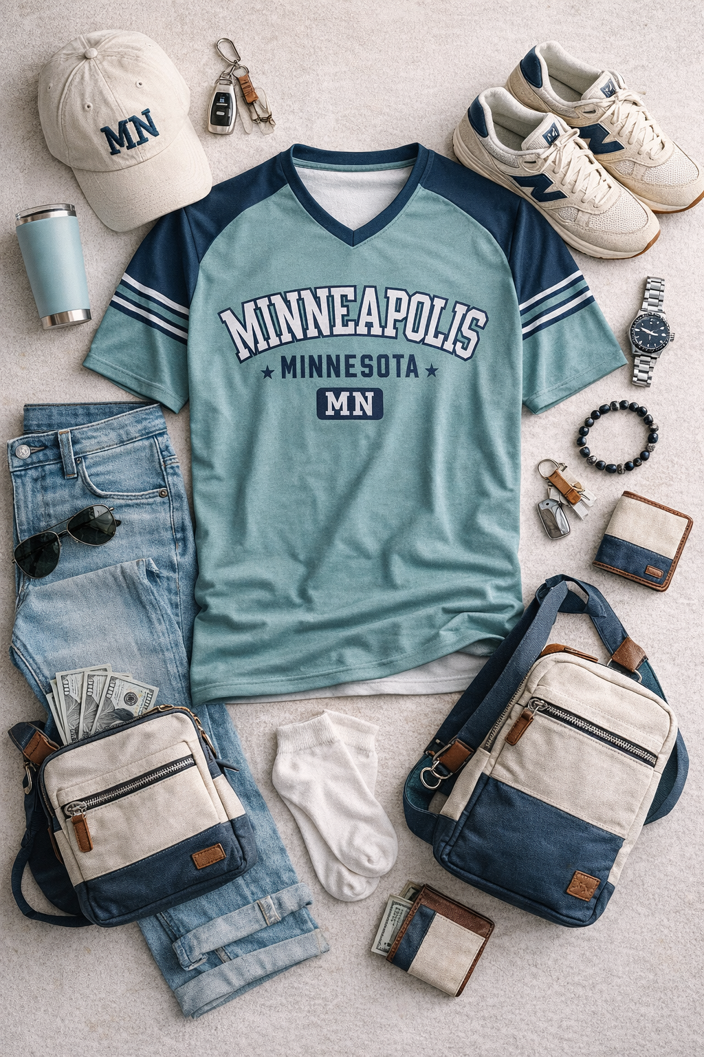 Minneapolis Minnesota MN V-Neck Raglan T-Shirt – Teal and Navy Vintage Athletic Minneapolis Shirt