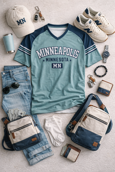 Minneapolis Minnesota MN V-Neck Raglan T-Shirt – Teal and Navy Vintage Athletic Minneapolis Shirt