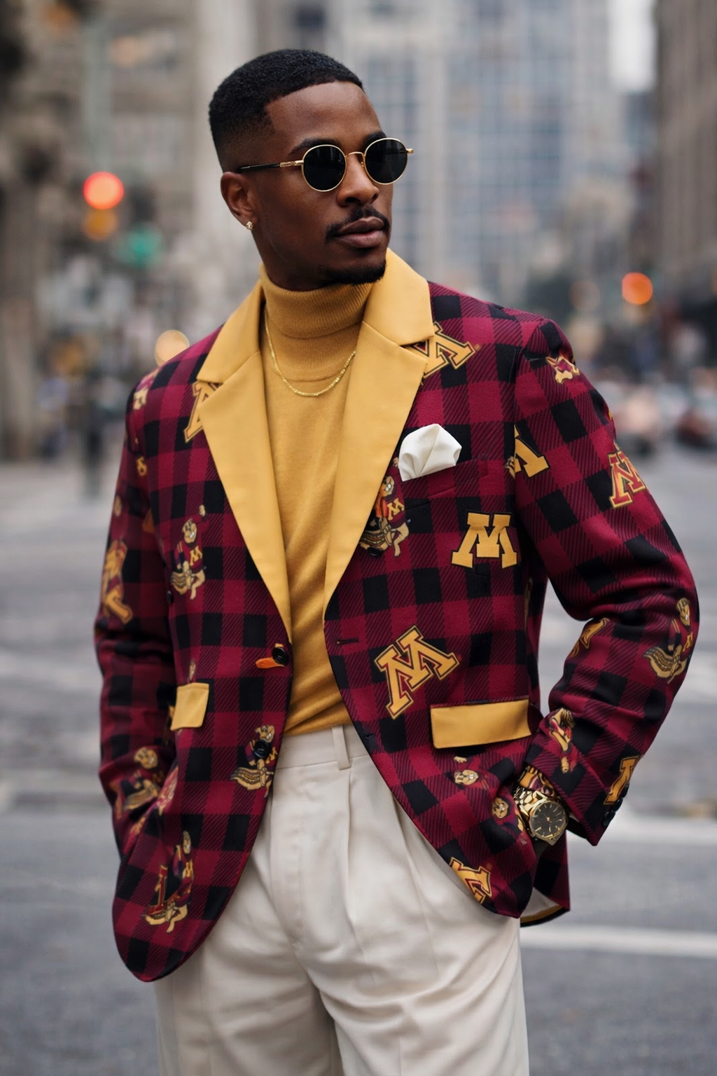 Man wearing a patterned red blazer with gold accents on a city street.