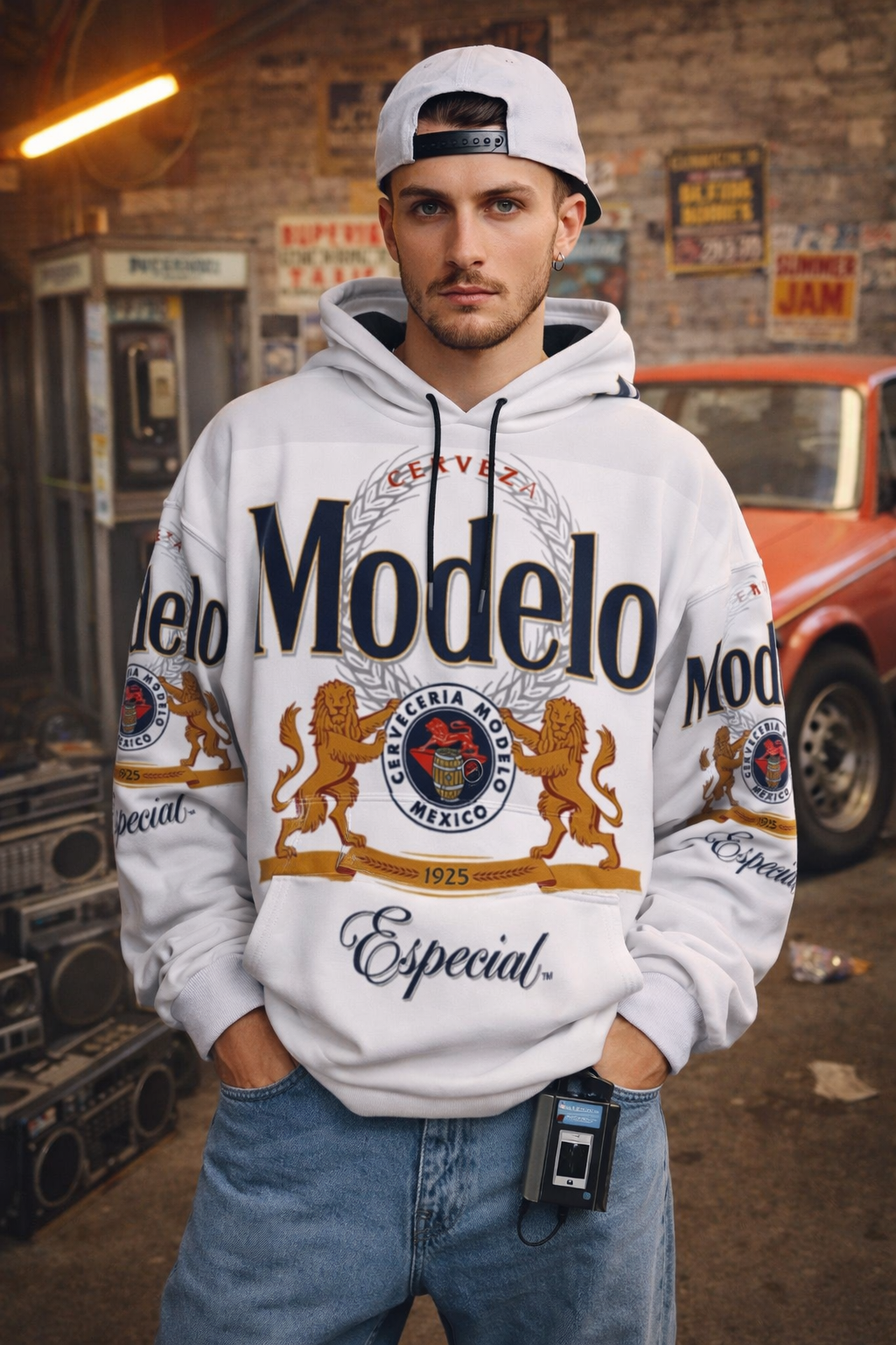 Person wearing a Modelo Especial hoodie in an urban setting with vintage cars and posters.