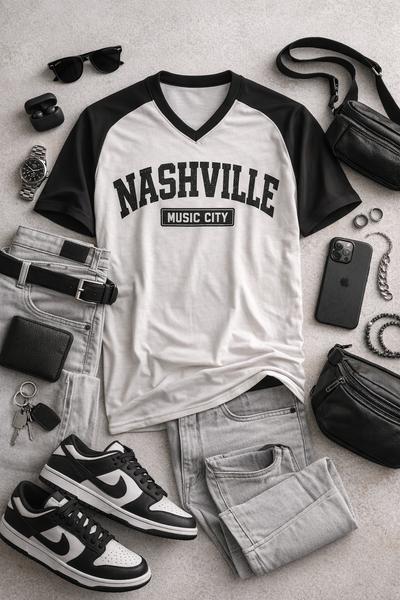 Nashville Music City Baseball V-Neck T-Shirt White and Black g