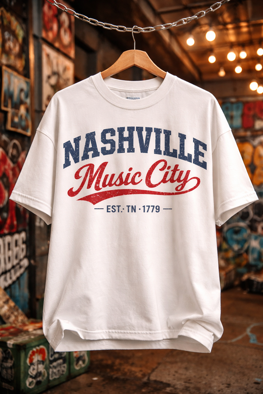 Nashville Music City T Shirt Vintage 90s Varsity Style — Vintage Americana Tour Tee