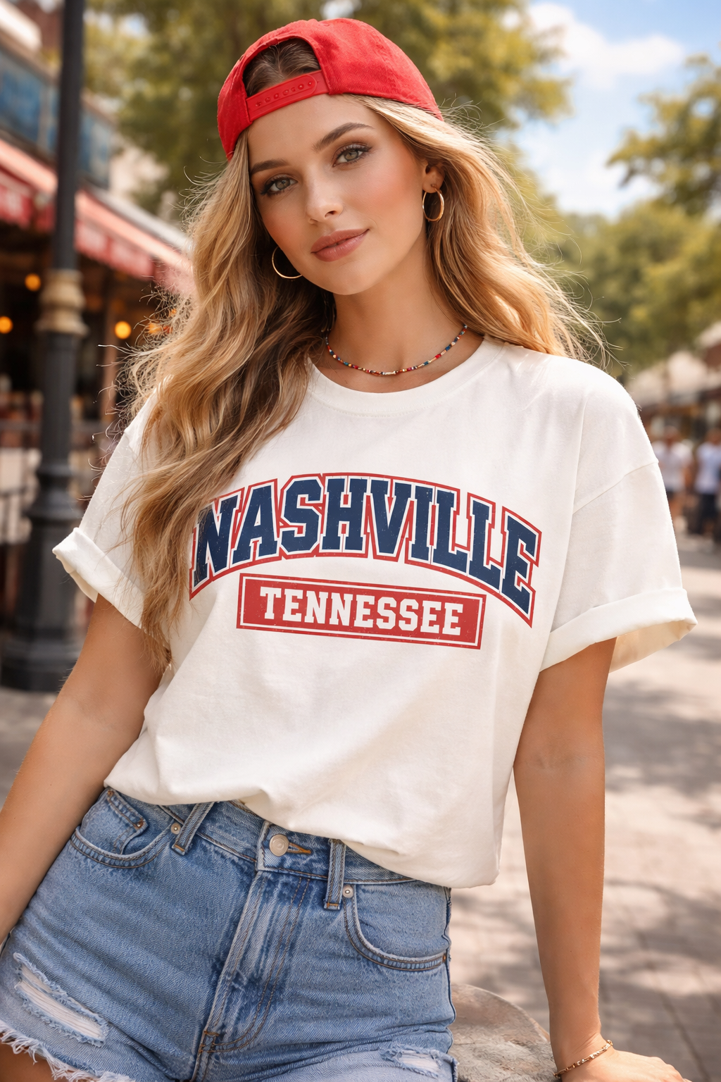 Woman wearing a 'Nashville, Tennessee' t-shirt outdoors.