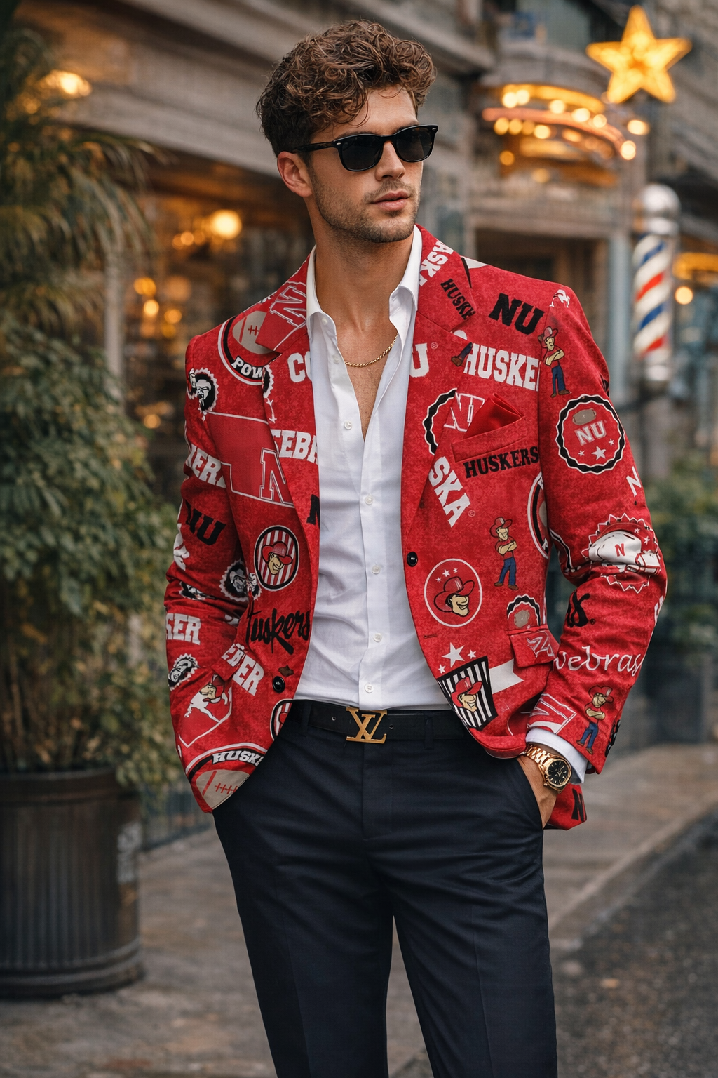 Man wearing a red patterned jacket with a white shirt and black pants, standing outdoors.