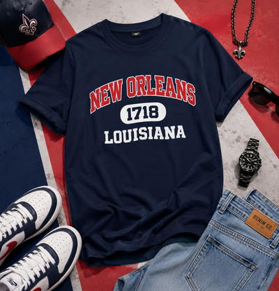 Navy blue t-shirt with 'New Orleans 1718 Louisiana' text, surrounded by casual items on a colorful background.