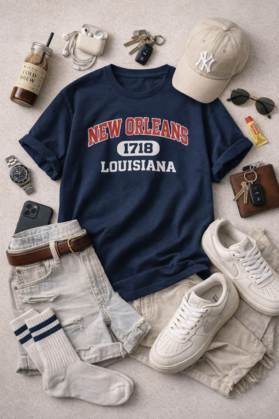 Collection of casual clothing and accessories including a navy blue t-shirt with 'New Orleans Louisiana' text, white sneakers, beige cap, and various items on a light surface.