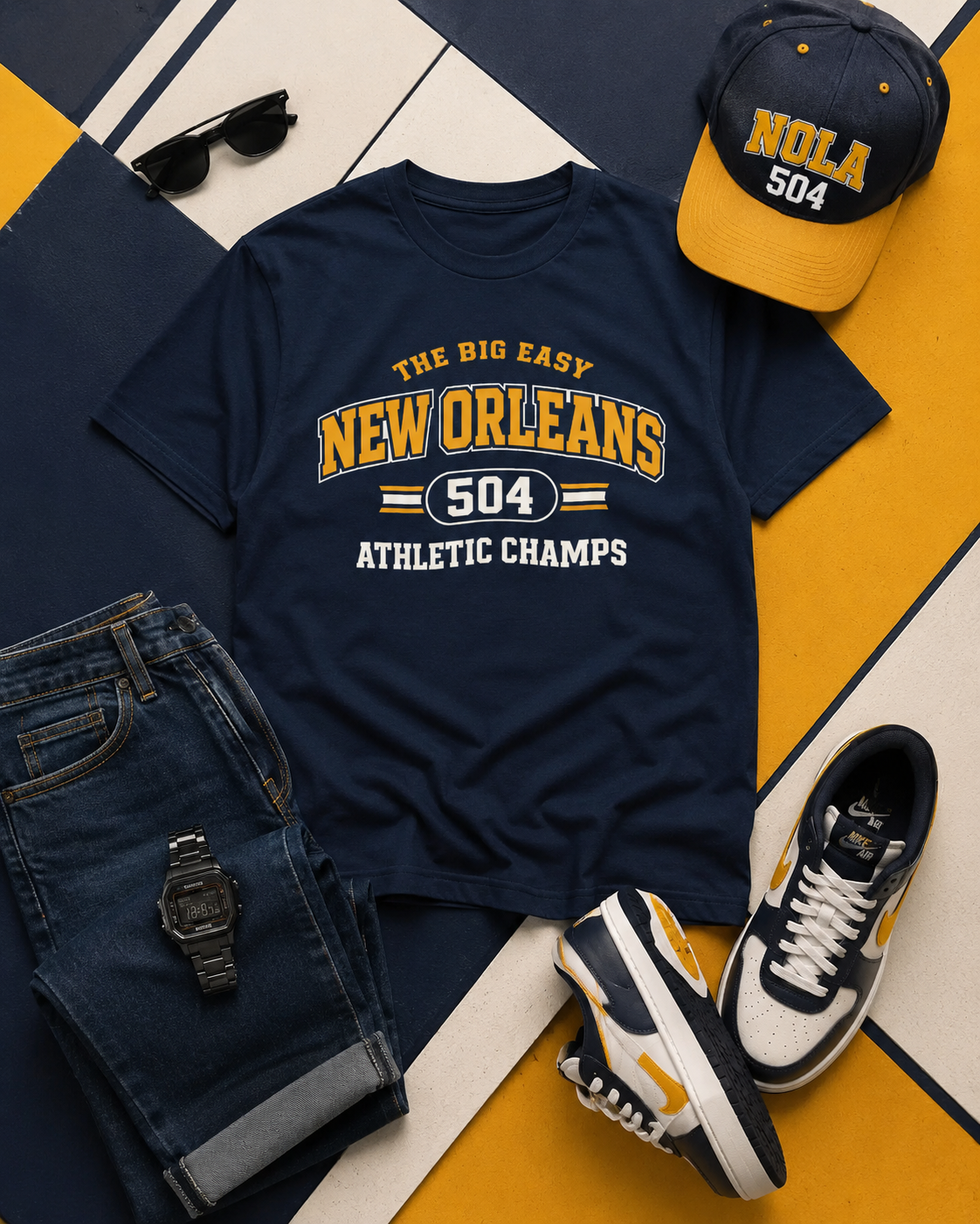 Navy t-shirt with 'New Orleans Athletic Champs' text, sunglasses, cap, jeans, and sneakers on a geometric patterned surface.