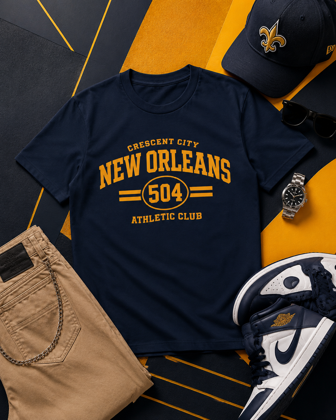 Navy t-shirt with 'New Orleans' text, cap, watch, pants, and sneakers on a geometric patterned background