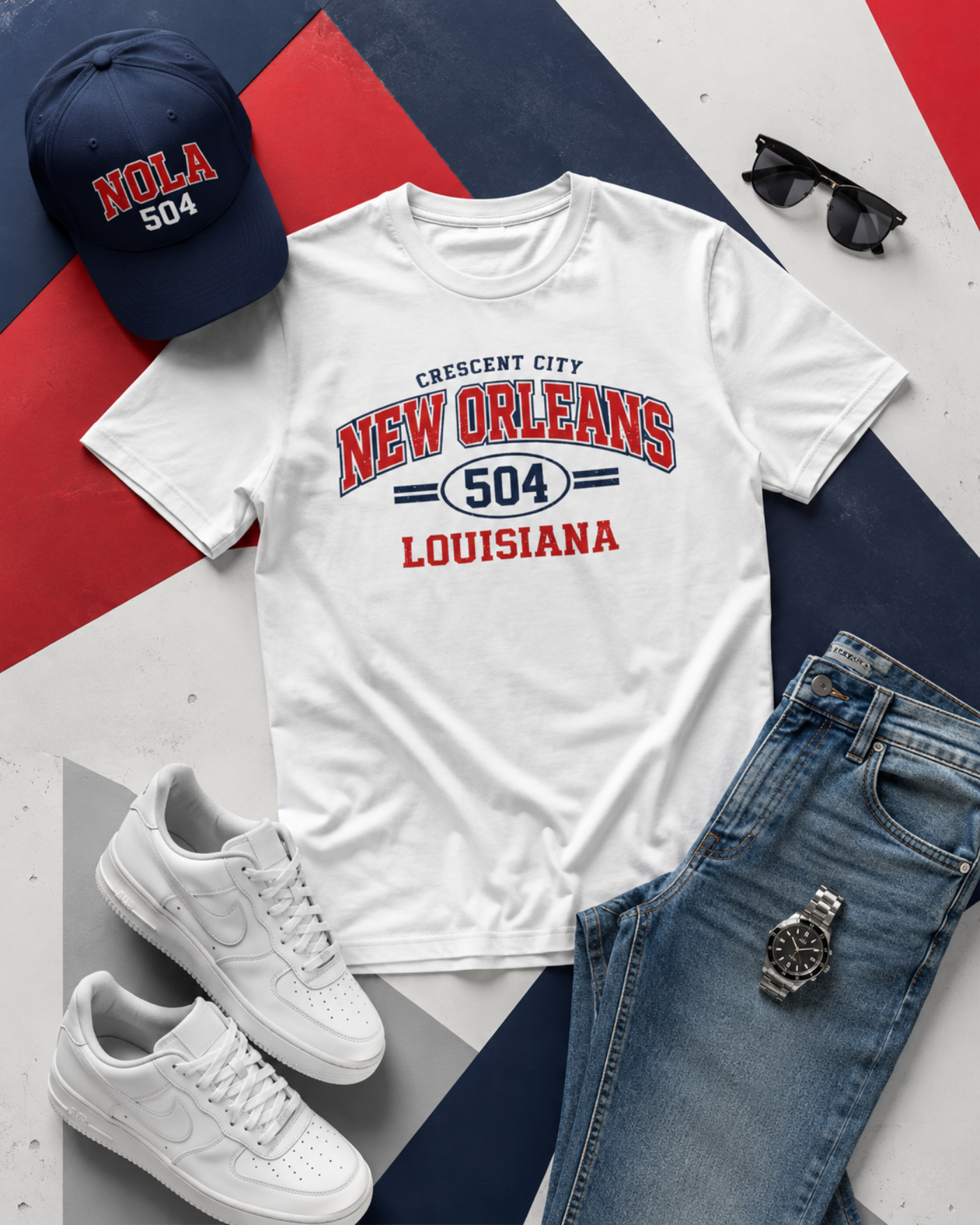 White t-shirt with 'New Orleans 504 Louisiana' design, navy cap, white sneakers, sunglasses, and blue jeans on a geometric background.