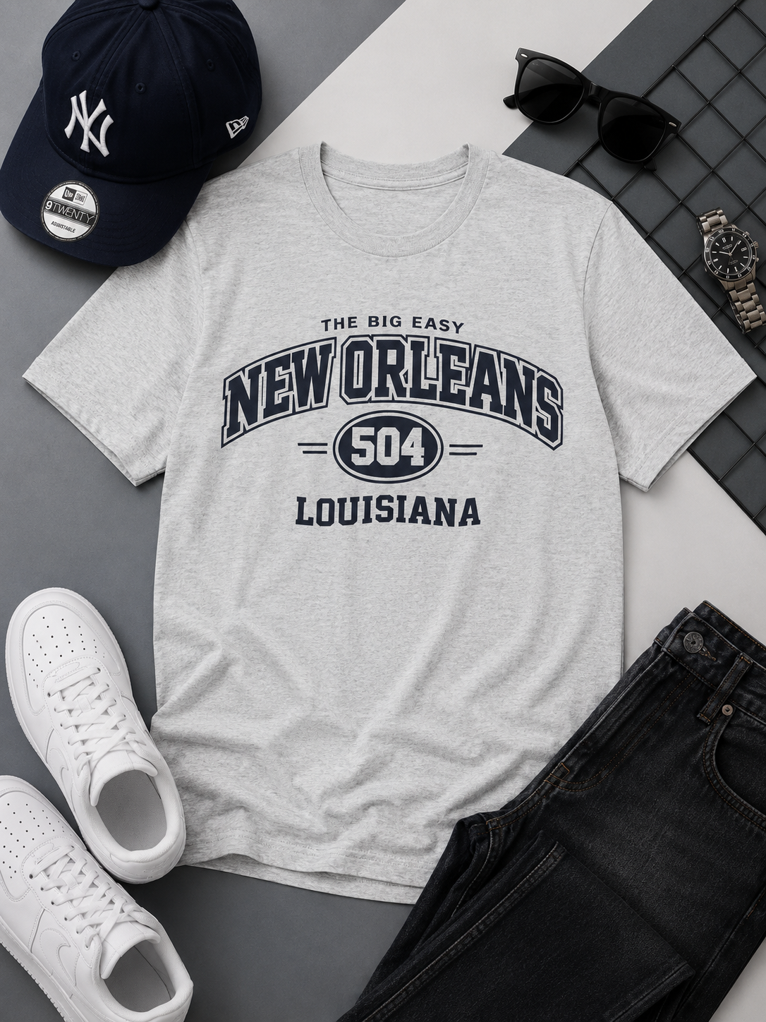 Gray t-shirt with 'New Orleans Louisiana' text, surrounded by casual items like a cap, sunglasses, and sneakers on a gray surface.