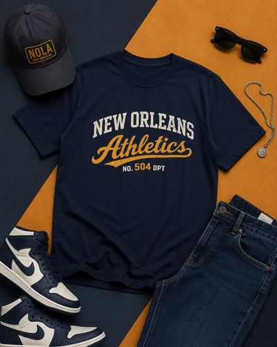 Navy t-shirt with 'New Orleans Athletics' text, black cap, white sneakers, sunglasses, and jeans on a two-tone background.