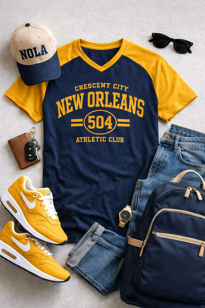 Collection of New Orleans-themed clothing and accessories on a light gray surface