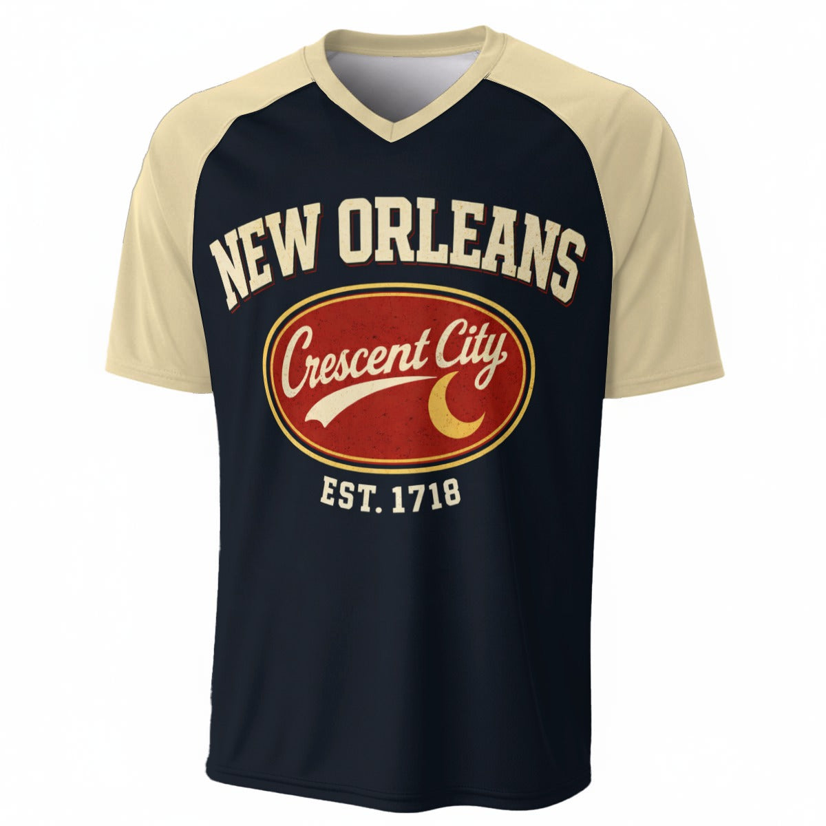 New Orleans Crescent City Baseball V-Neck T-Shirt Black and Beige – Urban Sports Streetwear – game day outfit, fan gear, image 1.0