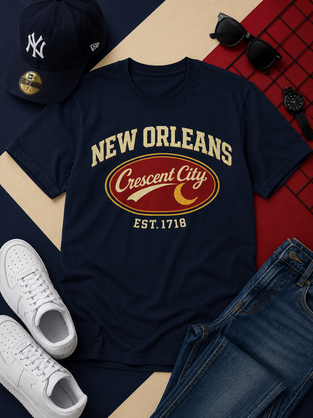 Navy t-shirt with 'New Orleans Crescent City' design, white sneakers, blue jeans, and a cap on a patterned background.