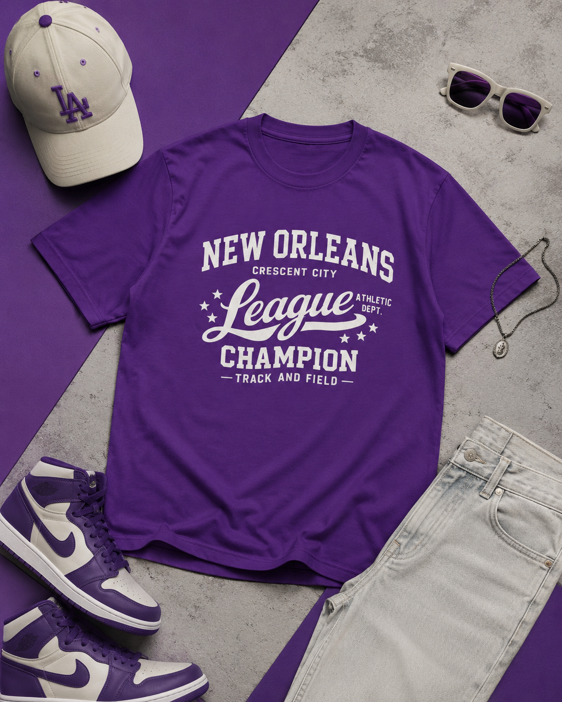 Purple t-shirt with 'New Orleans League Champion' text, surrounded by a cap, sunglasses, and sneakers on a gray and purple surface.