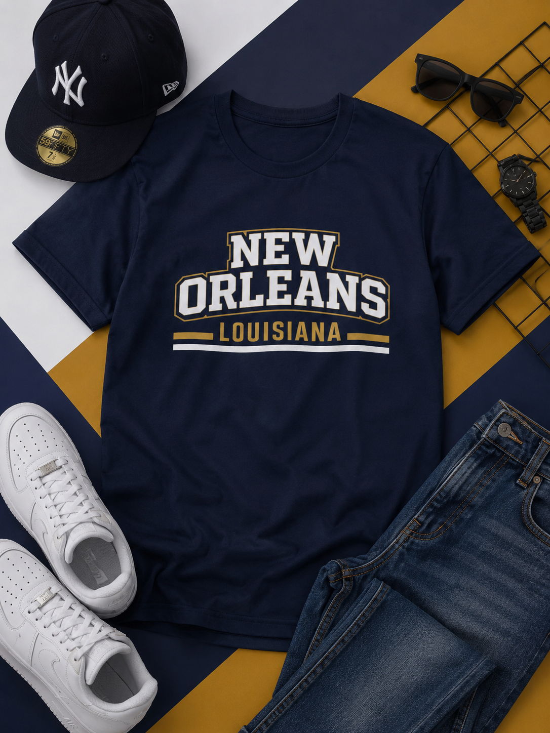 Navy t-shirt with 'New Orleans Louisiana' text, white sneakers, blue jeans, black cap, and sunglasses on a yellow and blue patterned background.