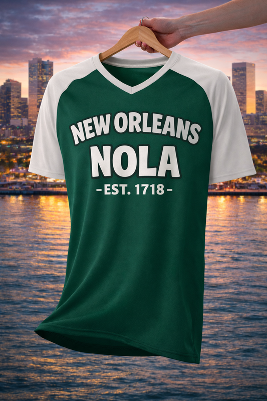 New Orleans NOLA EST 1718 Baseball V-Neck T-Shirt Green and White – Urban Sports Streetwear tee