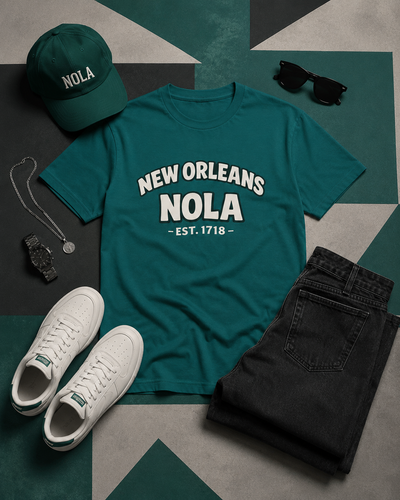 Teal t-shirt with 'New Orleans NOLA' text, green cap, white sneakers, black sunglasses, and black pants on a geometric patterned surface.