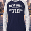 Dark Slate Gray New York Baseball 718 Raglan Long Sleeve Shirt – Navy Blue and White Varsity Athletic Tee