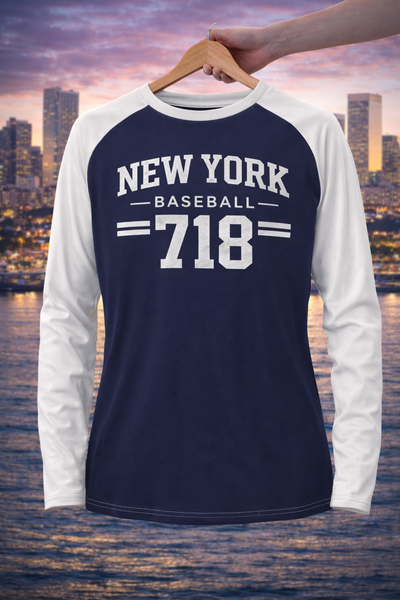 Dark Slate Gray New York Baseball 718 Raglan Long Sleeve Shirt – Navy Blue and White Varsity Athletic Tee