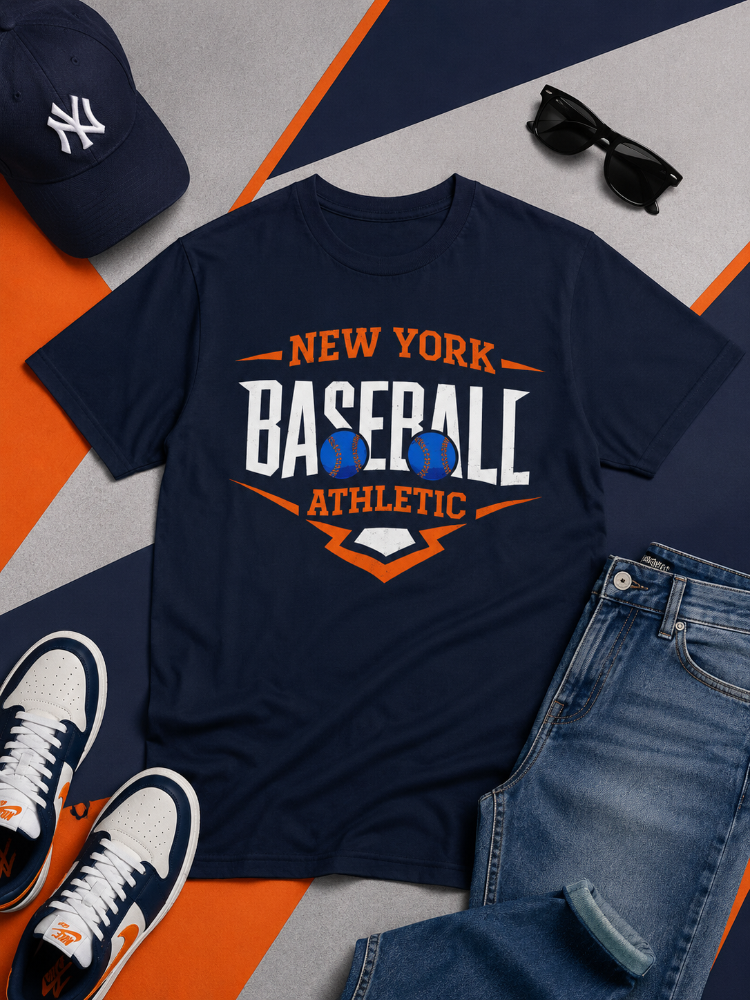 Navy blue t-shirt with 'New York Baseball Athletic' text, surrounded by a cap, sunglasses, and jeans on a colorful background.