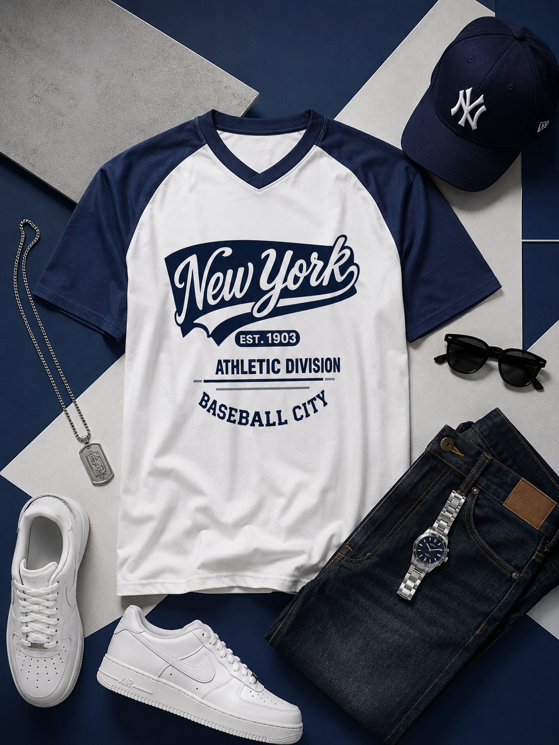 White and navy baseball-style t-shirt with 'New York' text, paired with white sneakers and a cap on a geometric patterned background.