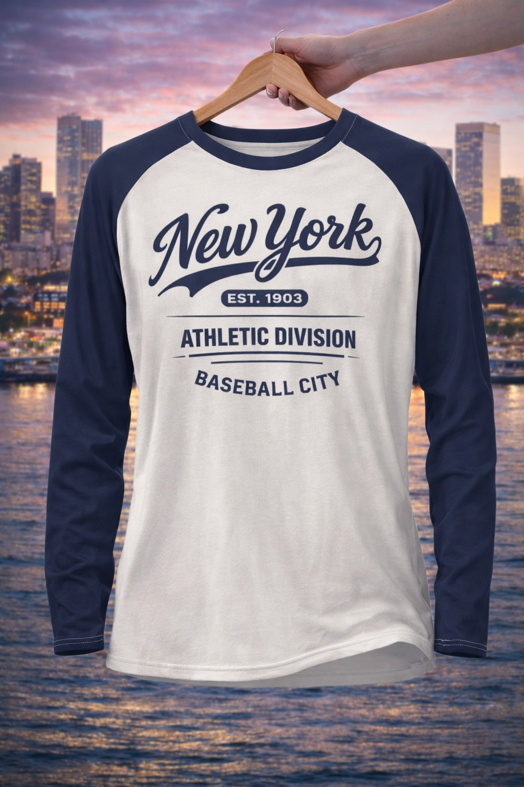 Light Gray New York Baseball City Raglan Long Sleeve Shirt – Navy Blue and White Athletic Varsity Tee Est. 1903