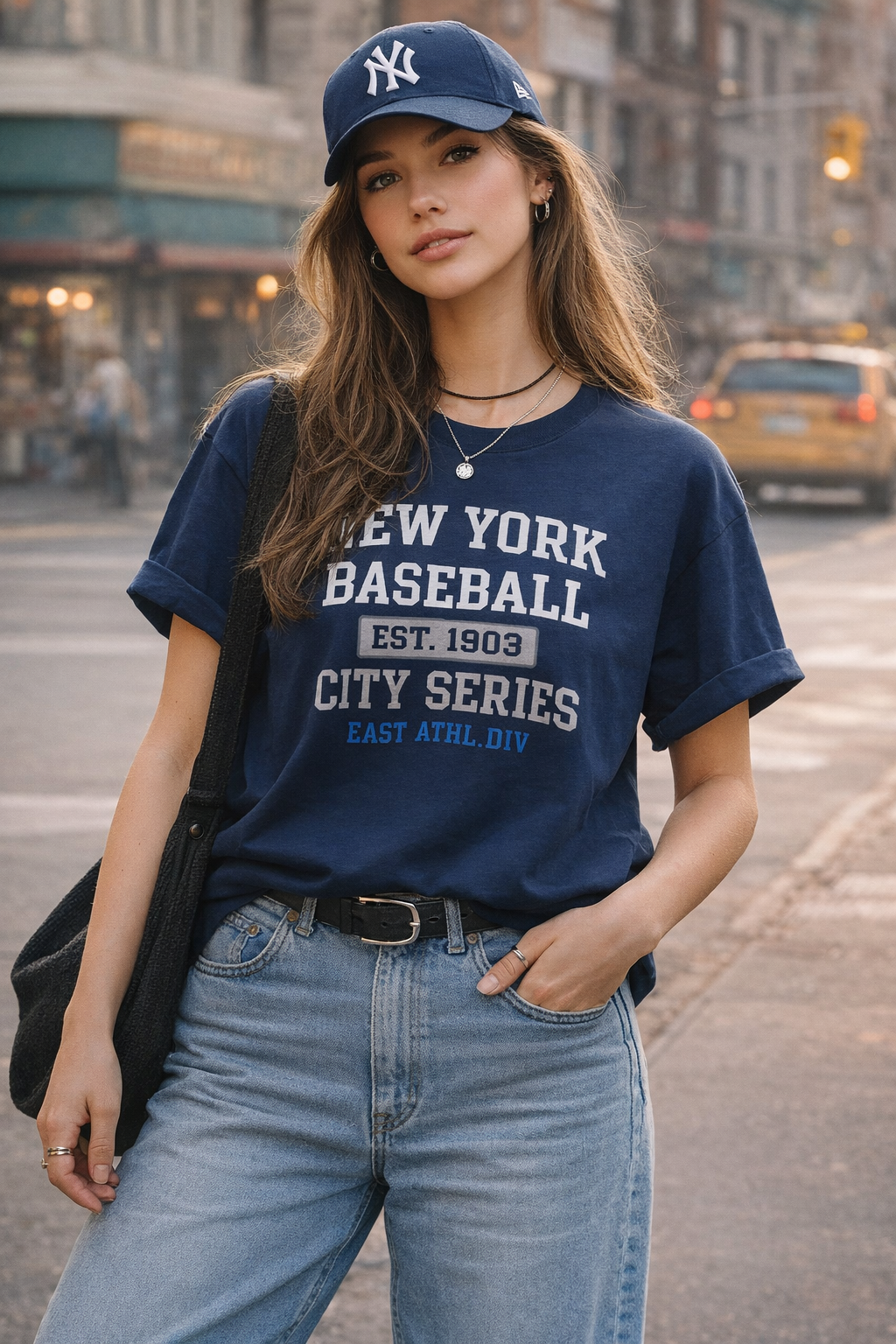 Woman wearing a navy blue 'New York Baseball' t-shirt and cap on a city street.