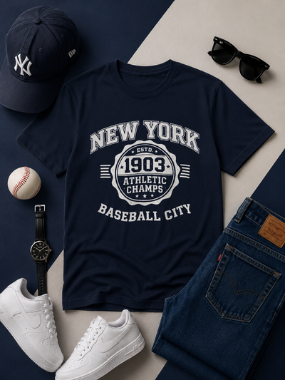 Navy t-shirt with 'New York 1903 Athletic Champs Baseball City' design, surrounded by baseball cap, sunglasses, white sneakers, and jeans on a blue and white background.