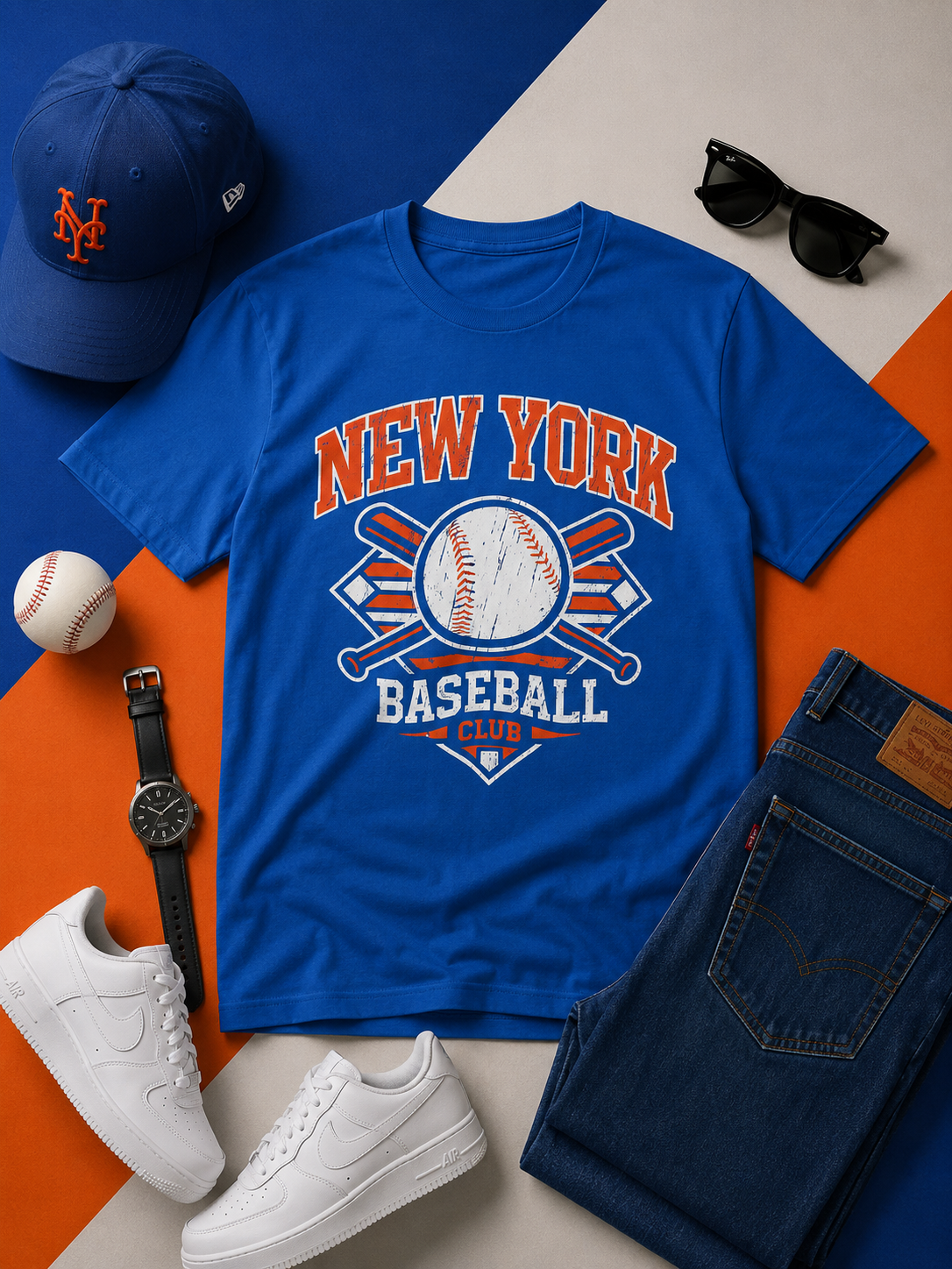 Blue t-shirt with 'New York Baseball Club' design, accompanied by a cap, sunglasses, watch, baseball, and white sneakers on a colorful background.