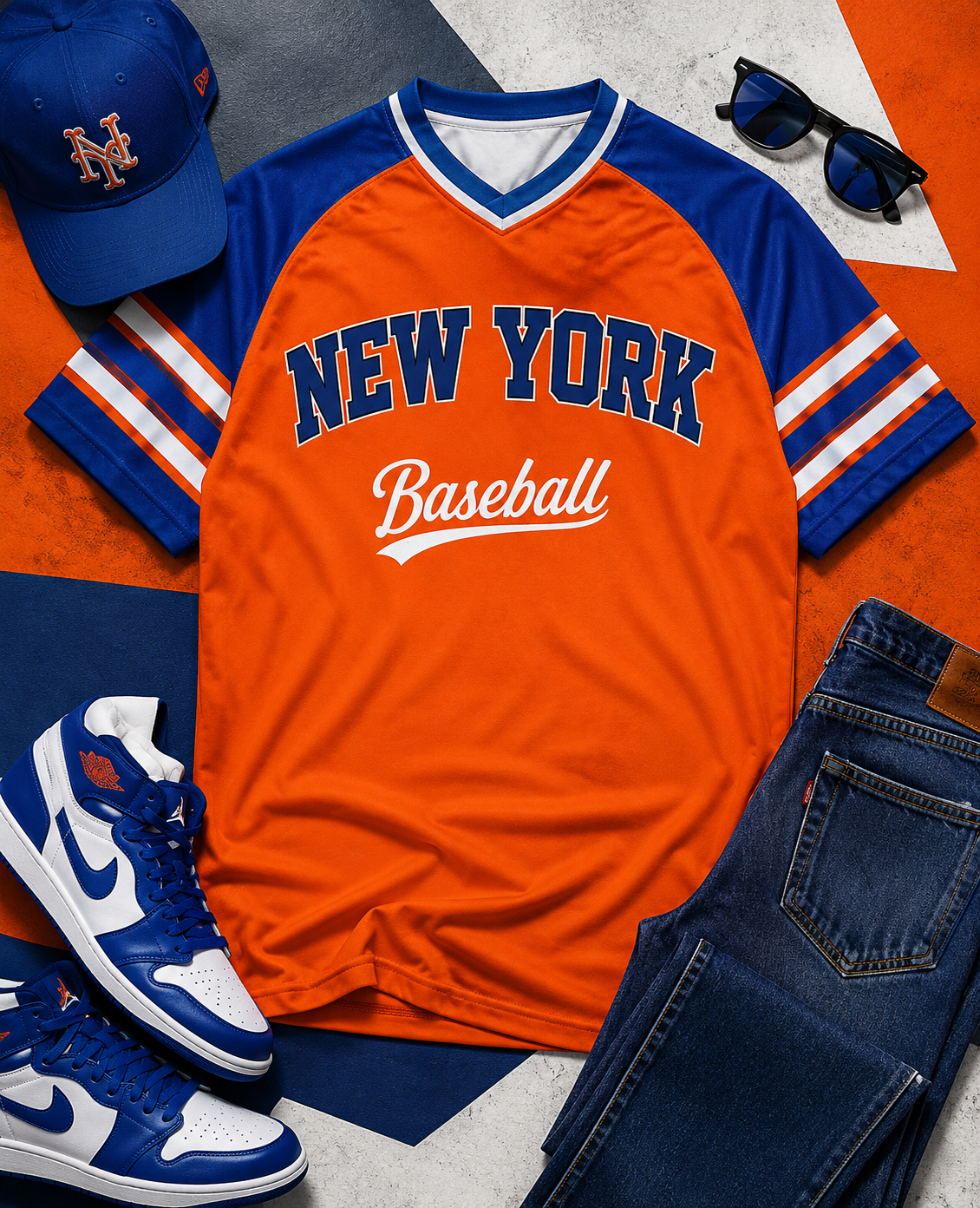 Orange 'New York Baseball' jersey with blue and white accents, surrounded by a cap, sunglasses, shoes, and jeans on a colorful background.
